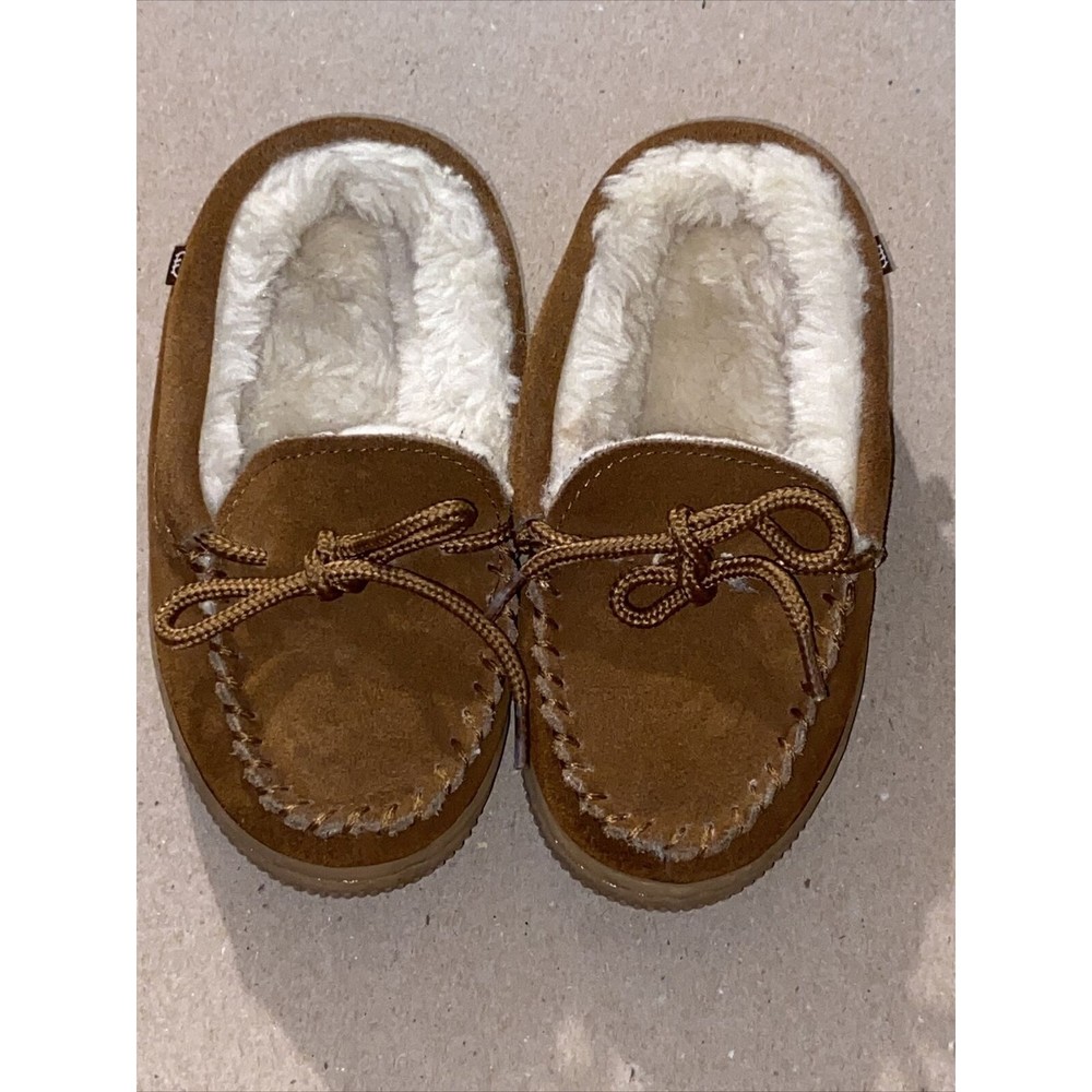 Lam Kids 12 Youth Boy Moccasin Slippers Brown Suede Faux Sherpa Lined Unisex
